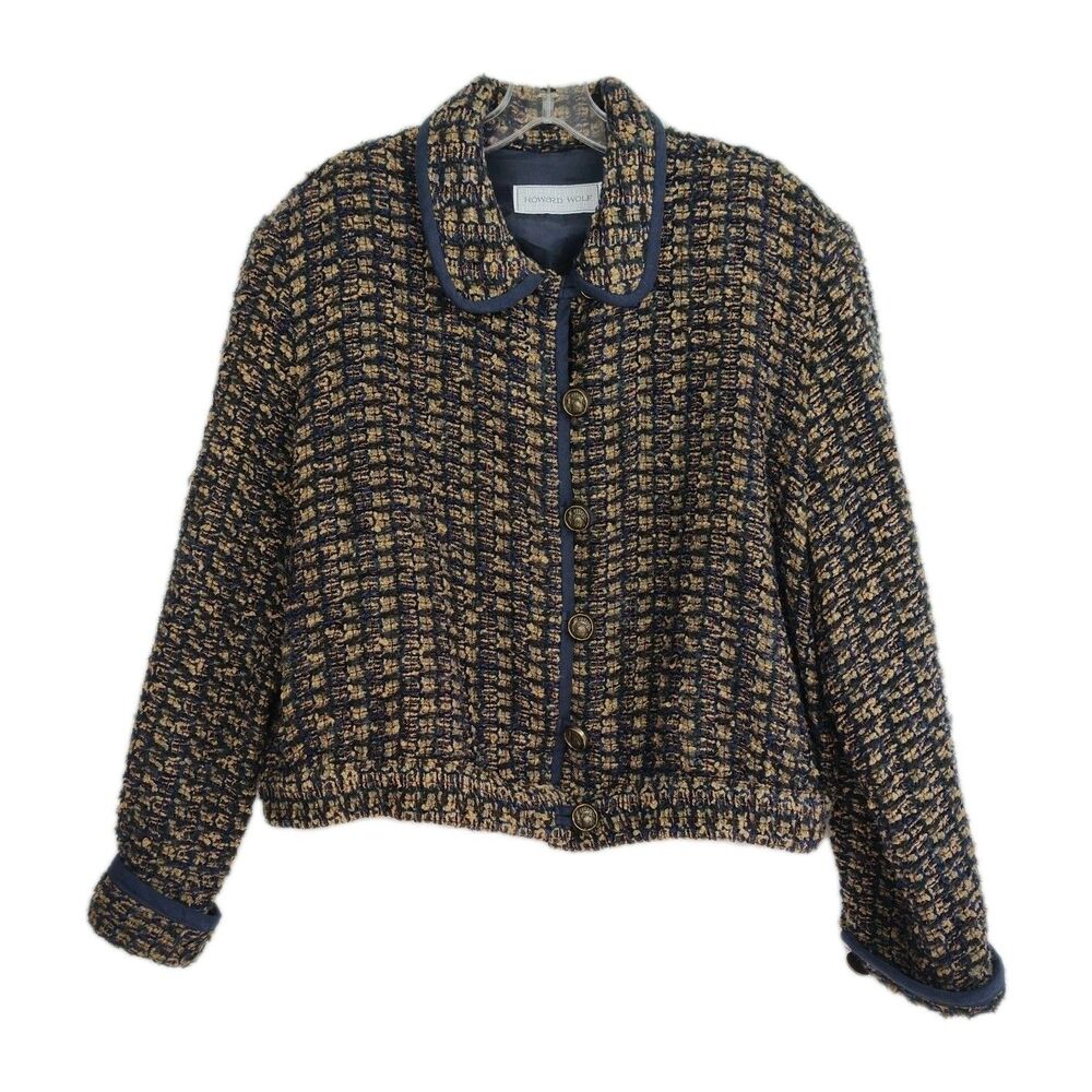 Vintage Howard Wolf Dallas Tweed Women's Button-Up Jacket, Size 14, blue/brown